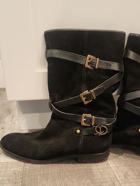 Dior Black Suede Lace-Up Mid-Calf Boots with Gold Buckles